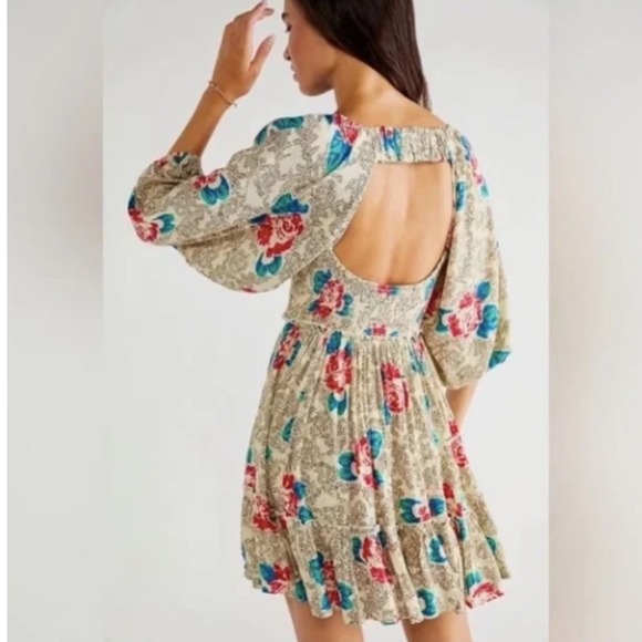 Free People Floral Boho Smocked Mini Dress Balloon Sleeve Size L Whimsical Retro - Picture 2 of 13